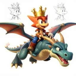 concept sketches of crash bandicoot wearing a gold crown riding a large dragon by jamie hewlett, in the style of megaman, micro detail