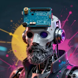 Beautiful Photo of Arduino Uno in the robot's head. cyborg beard man. Cyberpunk. splatterpunk. 4K