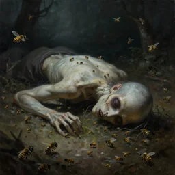 painting of an ominous creepy corpse laying on the ground swarming with small bees, horror art, fantasy, digital art, mood lighting, dramatic, beautiful stunning artwork, dark environment, surreal, lifeless, trending on artstation, javascript enabled