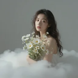 portrait, hyperrealism, woman in the clouds with flowers, atmospheric, lightweight, airy