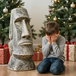 a kid at christmas disappointed and sad that his present was a giant moai statue, his hands buried in his face | inside of a house next to a christmas tree, large present in the back