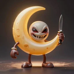 vinyl designer toy, character crescent with hands and legs, creepy smiling evil face, holds a small knife in hand