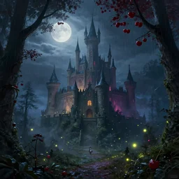 stormy night, created by jan urschel and sylvain sarrailh, in the misty moonlight and mysterious fantasy forest, a huge fairy magic school castle, castle, many fireflies, shimmering effect, magnificent color matching, realistic matte painting, cherry, western magic forest, trending on artstation