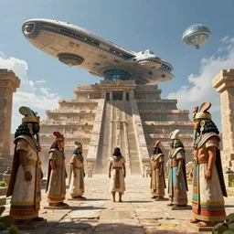 Pacal Voltan and Aztec priests meeting godlike aliens in an ancient Aztec temple. A spaceship is docked atop the temple. 8K Highly detailed fantasy artwork by Greg Rutkowski. Trending on artstation