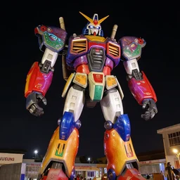 colourful giant mecha ROBOT of AJEGUNLE SLUMS in Lagos, markings on robot, neon lights, night time,