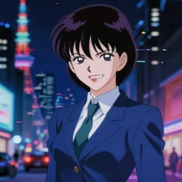 blurry and dreamy screencap of a character from 8 0 s horror anime, vampire woman with short hair and sharp teeth wearing dress suit with tie, satoshi kon anime, character design by yoshitaka amano and junji ito, glitchy vhs tape, night tokyo in the background, perfect blue color palette, noisy film grain effect, blurry image