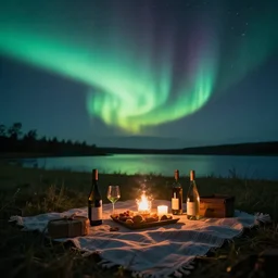 romantic picnic with wine bottles under an aurora borealis