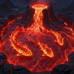 fish made of fire swimming in a volcano lava lake. red lava. flowing lava. catfish and trout. 4 k video game concept art. unreal engine.
