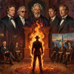 infront view, one men burning in fire flames standing alone in suite, piotr jablonski, norman rockwell, tim hildebrandt, mark maggiori, jeff dekal, long shot, hyperrealistic oil painting on canvas, deep depth field, cinematic composition, hyper - detailed, hdr, 8 k, 4 k
