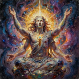 a highly textured hyper detailed painting of a mystical man connected to his higher self in a spiritual psychedelic cosmos