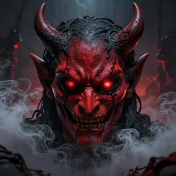 a scary devil face with soft red color and black color with bloodshot and luminous eyes, against a hellish background with vapor and a lot of smoke, darkart, hyperdetailed, hyperealistic, cinematography, 16k, 3D, Artstation, Deviantart, very beautiful