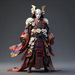 wide angle full body portrait shot of a beautiful japanese freddy krueger samurai wearing ornaments of flowers, flowing colourful elegant clothes, highly detailed face, detailed iridescent eyes, alphonse white datura, rhads, artstation, fkey, octane render, 1 6 k