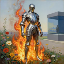 shiny liquids metal armor in flames and wild flowers, monumental painting by gerrit van honthorst and hajime sorayama and edward hopper, illusion surreal art, highly conceptual figurative art, intricate detailed oil illustration, controversial poster art, polish poster art 1 9 8 0