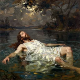 jesus as ophelia drowned in the water in the style of john everett millais