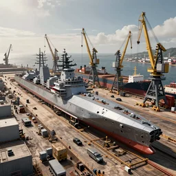 large construction site constructing a long naval spaceship in a drydock, industrial, bulky, construction yard, dockyard, cranes, shipping, sci fi, photorealistic