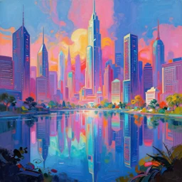 digital painting cyberpunk city surrounded by a glistening lake by stephan martiniere, artstation, deviantart, utopian art deco, saturated, hyper colorful