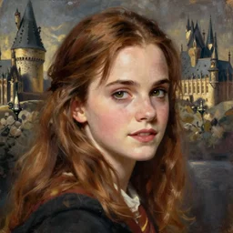 oil painting of emma watson giving seductive look. hogwarts in background beautiful detailed face. by artgerm and greg rutkowski and alphonse mucha