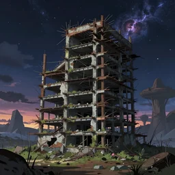 a beautiful very detailed anime illustration of unfinished building assembly abandoned by shigeru ban, cosmic junglepunk at dusk nature tundra at night universe nightvision otherworldly wilderness, archdaily, wallpaper, highly detailed, trending on artstation.