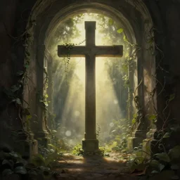 a christian cross as the light at the end of the tunnel, with a few vines and overgrowth, concept art by Doug Chiang cinematic, realistic painting, high definition, digital art, symmetrical, very detailed, extremely high detail, photo realistic, concept art, unreal engine 5, bokeh, album cover