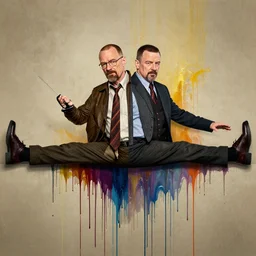 symmetrical bilateral half split portrait, saul goodman, walter white, dripping paint