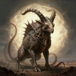 surreal portrait of abandoned ribbed alien animal covered with spinal spiky antlers tentacles, in wastelands on exoplanet, soft glow bloom effect, dream - like heavy atmosphere, baroque portrait painting, perfect composition, beautiful detailed intricate octane render, artstation, 8 k, photorealistic, volumetric cinematic light, chiaroscuro, masterpiece, raphael, caravaggio, beksinski, giger