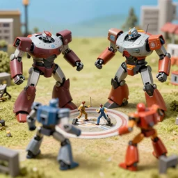 giant robots fighting in a U.N. sanctioned battle to resolve a land dispute in the style of the movie robot jocks, miniatures