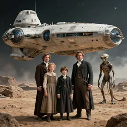 highly detailed, 131072k film still from a sci fi blockbuster color movie made in 2019, set in 1860, of a family standing in front of a spaceship that has just landed on an alien planet, a humanoid alien creature stands nearby, the family are all wearing 1860s era clothes, good lighting, good photography