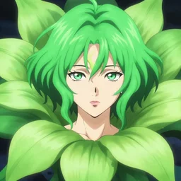 an intimidating female flower plant youkai woman, yuuka kazami, with short wavy green hair and burning piercing red eyes, wearing a red plaid dress, 4 k digital beautiful detailed character art portrait