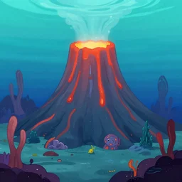 anamorphic cartoon, undersea volcano