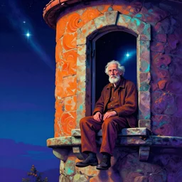 portrait of an old man sitting in a stone watchtower next to a window, night sky through window, polaris, the north star, 8 k, trending on artstation, artgerm, ultra detailed, portrait, psychedelic art, vaporwave art, orange, purple, cyan, greg rutkowski, by hieronymus bosch,