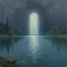 an endless lake, that leads into another dimension, portal, oil painting, trending on artstation