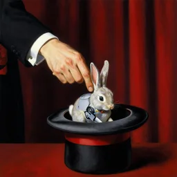 a dark close - up shot of a magician's arm pulling a robot rabbit out of a hat on stage. red curtains in the background.. dark black background. highly detailed painting by norman rockwell, moebius, frank frazetta, and syd mead. rich colors, high contrast. artstation
