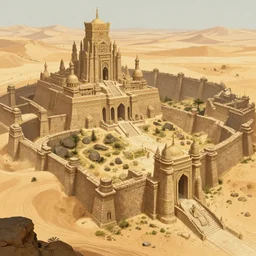 detailed and highly intricate art of standstone walls protecting a large desert kingdom, 8 k concept fantasy art illustration