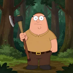 Peter Griffin haunts you in the middle of the forest holding a fireaxe with blood on the fireaxe head, Realistic, Creepy, Spooky, Horror, Real Footage caught on camcorder