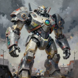 Greg Manchess painting of a giant humanoid armour warhead juggernaut cyborg, medium shot, low angle, full body, asymmetrical, cyberpunk art, Organic Painting, storm day, Matte Painting, bold shapes, hard edges, street art, trending on artstation, by Huang Guangjian and Gil Elvgren and Sachin Teng