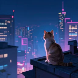 A cat observing a neon city from the roof of a building at night, digital art