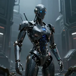 highly detailed amazing photo of cyborg made of dark matter in gloomy technologic landscape