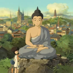 buddhism, city, in the style of studio ghibli, j. c. leyendecker, greg rutkowski, artem