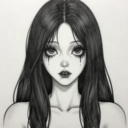 a drawing of a woman with long hair and big eyes by junji ito, featured on deviantart, shock art, demonic photograph, antichrist, outlined art