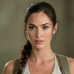 film still of!!!! megan fox!!! as lara croft in new tomb raider movie, closeup portrait, exploring inside of aztec temple, action pose, dramatic lighting, octane, mist, volumetric lighting, 8 k