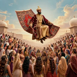 a brown man with 10,100 adoring wives. the sultan is floating in the sky with a magical carpet. he is on quest to save all women