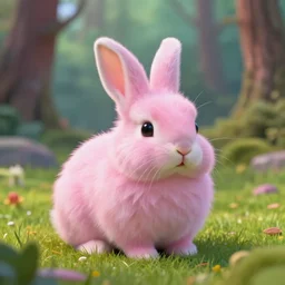 pink fluffy rabbit in colourful forest grass extreamly detailed realism