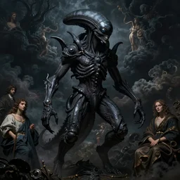 powerful alien creature, black mos eisley, dark clouds, dream - like heavy atmosphere, baroque painting, beautiful detailed intricate insanely detailed octane render trending on artstation, 8 k artistic photography, photorealistic, dramatic volumetric cinematic light, award - winning photograph, masterpiece, raphael, caravaggio, beksinski, giger