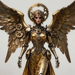 Steampunk Angel, mechanical wings, gear halo, empty eyes, metallic bronze skin, golden tech robes, female looking, cranks and gears, steampunk fantasy, extremely detailed, trending on artstation