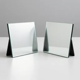 two square mirrors standing parallel to each other refracting each other recursively on a white table, macro photo, octane render 8 k