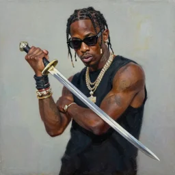 travis scott with sunglasses holding a sword, painting
