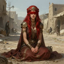 a full body portrait of a beautiful post apocalyptic offworld slavers district bedouin blind pulp fiction scarlet wild rogue barbarian leper begging by the roadside, intricate, elegant, highly detailed, digital painting, artstation, concept art, smooth, sharp focus, illustration, art by krenz cushart and artem demura and alphonse mucha