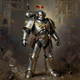 portrait of a warhammer soldier, oil painting, standing, by hubert van eyck