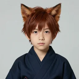 portrait of a realistic 1 6 years old fantasy character boy with cat ears wearing a japanese traditional outfit, mid - short hairs, dark brown redhead, some freckles, original composition, final fantasy xiv