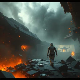 a painting of a cinematic keyframe of a storm trooper walking into a destroyed star destroyer starship, with fire and smoke by greg rutkowski, rule of thirds, golden ratio, ambient lighting, wlop, artgerm, artstation, highly detailed masterpiece, dark fantasy art, high detail, trending on artstation